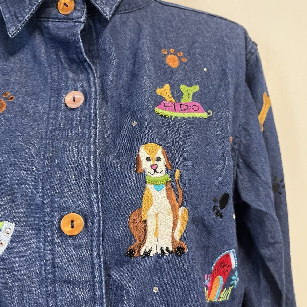 The Quacker Factory Denim Jean Shirt size Small Dogs Dalmatian Embroidery Beads - Picture 5 of 11